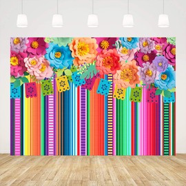 Ticuenicoa 6x4ft Mexican Fiesta Backdrop Photobooth Flowers Fiesta Background Drop Cinco De Mayo Backdrop for Pictures Floral Stripes Flags Birthday Party Mexican Party Decorations Photo Booth Props