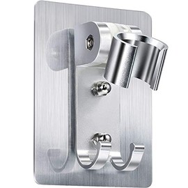 Shower Head Holder Strong Adhesive Shower Head Wall Mounting Bracket Adjustable Shower Wand Holder with 2 Hanger Hooks No Drill Need for Marble Glass Metal Ceramic