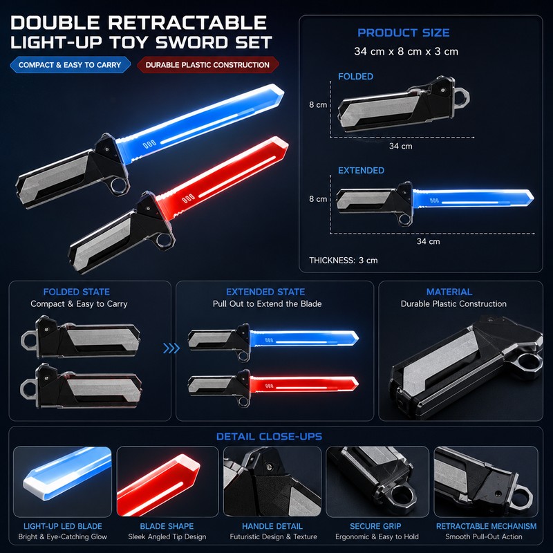 Double-Blade Retractable Light-Up Sword Toy – Extendable Plastic Role-Play Prop