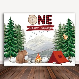 Bellicremas Happy Camper One Birthday Backdrop Forest Bear Camping Adventure 1st Birthday Decorations Red Tent Campfire Boys First Bday Outdoor Supplies Photobooth Studio Banner