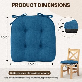 downluxe Indoor Chair Cushions for Dining Chairs, Tufted Overstuffed Textured Kitchen Chair Pads with Ties and Non-Slip Backing, 15.5" x 15.5" x 4", Turquoise, 4 Pack