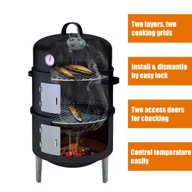 Joyagrill 16" BBQ Smoker Grill Built in Thermometer, Air Vent and Two more biger Access Doors, Multi-Layer Meat Smoker Grill with 3 Heat-resistant Handles, Ideal for Outdoor Cooking, Camping, BBQ