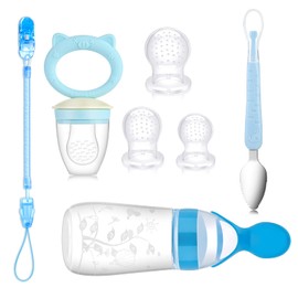 Baby Food Feeder Set Silicone Rattle Fruit Pacifier 125ml Squeeze Spoon Infant Teething Feeding Supplies (Blue+Spoon)
