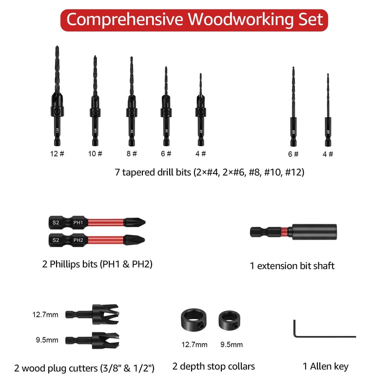 15 Piece Countersink Drill Bit Set for Woodworking, Tapered Drill