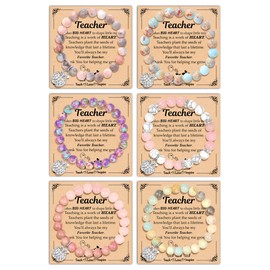 6Pcs Teacher Christmas Gifts for Women, Teacher Appreciation Gifts for Women in Bulk, Natural Stone Christmas Gifts Teacher Bracelet with Message Card, Valentines Day End of Year Gifts for Teachers