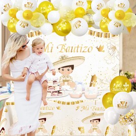 57Pcs Mi Bautizo Banner Backdrop Balloons Arch Garland Tablecloth Kit for He God Bless Baby Boy Baptism Party Decorations First Communion Decor Christening Celebration Accessories