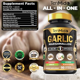 Tenmido Garlic Supplements - 6in1 with Vitamin C, Marshmallow Root, Ginger, Licorice & Black Pepper - 90 Vegan & Non-GMO Capsules