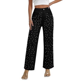 Kedera Women's Plus Size High Waist Pearls Beaded Denim Pants Regular Fit Jeans Trousers Black