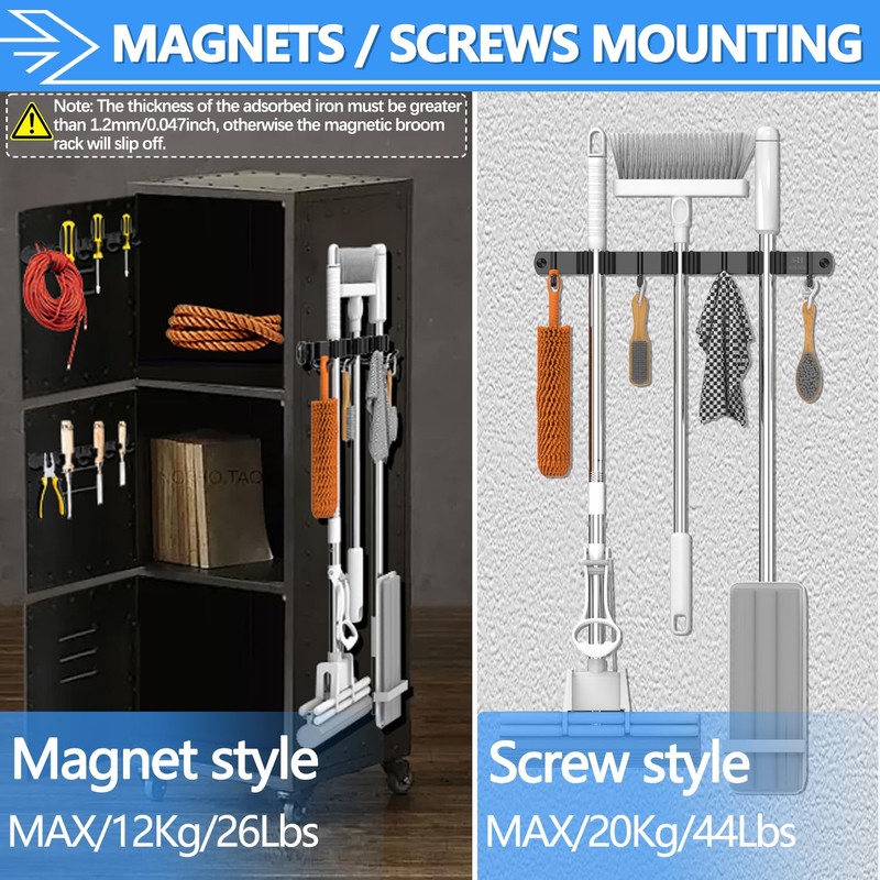 3-H Magnetic Broom Holder Wall Mounted 2 Pack, Strong Magnetic
