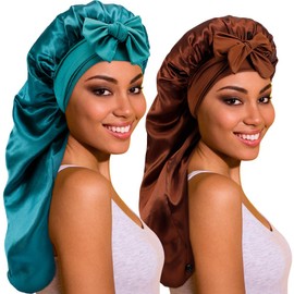 IJRPLM 2pcs Long Silk Bonnet for Women,Long Satin Bonnet with Stretchy Tie Band,Silk Hair Bonnets for Sleeping,for Long Curly Hair(Coffee+Green)