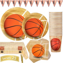 Duocute Basketball Party Tableware 102 Pieces Birthday Party Plates Sports Theme Children's Birthday Tableware Set Includes Plates, Cups, Napkins, Tablecloth and Banner, for 25 Guests