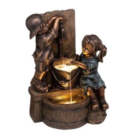 Boy and Girl Garden Statue Resin Pressure Water Bath Kissing Drinking Statue Flowerbed Outdoor Statue Ornaments for Home Yard Garden