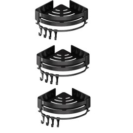 PREMZO Bath Shower Caddy Towel Holder Bar Hanging Hook Organizer Storage Aluminum Home Kitchen Office Bathroom Wall Corner Shelf (BLACK, Set Of 3)