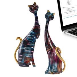 Cat Statues Home Decor | Abstract Resin Cat Figurines | Colorful Cat Statue, Oil Painting Cat Couple Sculptures Set, Modern Resin Figurines for Home Decor Living Room Bathroom Buniq