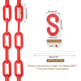 sourcing map Plastic Chain 30 FT/9.2 M, Safety Chain Red White Plastic Chain Link Barrier with Zip Ties and S-Hooks for Crowd Control Queue Line Fence Decoration