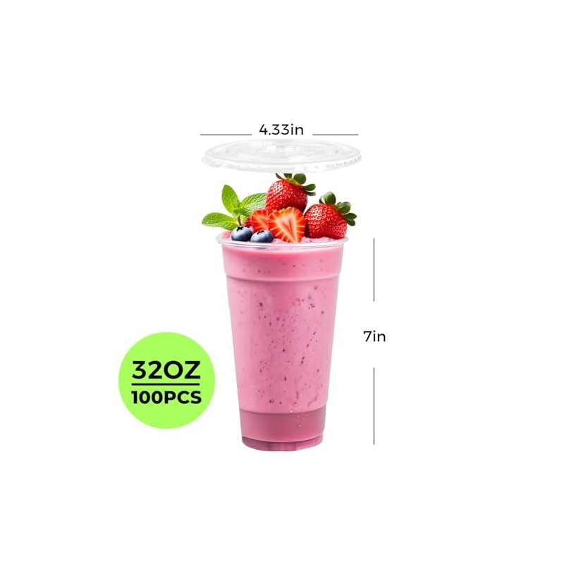 [100 SETS] 32 oz Cups with lids, Plastic cups with