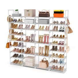 ROJASOP Large Shoe Rack Organizer for Entryway Closet 64-68 Pairs 9-Tier Heavy Duty Tall Garage Shoe Rack Shoe Shelf Shoes Storage with 18 Pcs Removable Side Hooks for Bedroom and Garage White