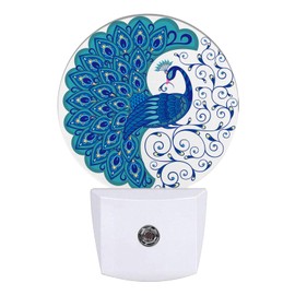 GANTINIR Blue Peacock Night Light Vintage Feathers Night Lights LED Lamp Round Plug into Wall Nightlight with Dusk to Dawn Sensor Home Hallway Stairway Kitchen Decor