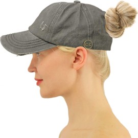 C.C Ponytail Criss Cross Messy Buns Ponycaps Baseball Cap Dad Trucker Mesh Hat (Button Hook Distressed Gray)