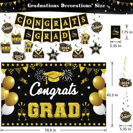 Graduation Decorations Class of 2024, Graduation Banner Backdrop Centerpieces Tablecloth Swirls Decor, Black Gold CONGRATS GRAD Hanging Banner Backdrop Table Decorations for Graduation Party Supply