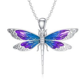 Diamond Dragonfly Necklace 925 Sterling Silver Lab-Grown Diamond Enamel Purple and Blue Dragonfly Pendant Necklaces Jewelry for Women Birthday Christmas Gifts