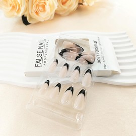 Black French Tip Press on Nails Almond Medium Fake Nails Press ons with Cute White Pearl Glue on Nails Glossy Acrylic False Nails Nude Stick on Nails for Women Girls 24 Pcs