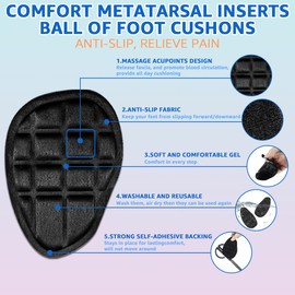 Urwalk Ball of Foot Cushions, Metatarsal Pads, Forefoot Pads, Anti Slip Shoe Inserts for Open Toe Shoe, Heel Pads for Stop Feet from Sliding Forward- 3 Pairs (Clear) (Black)