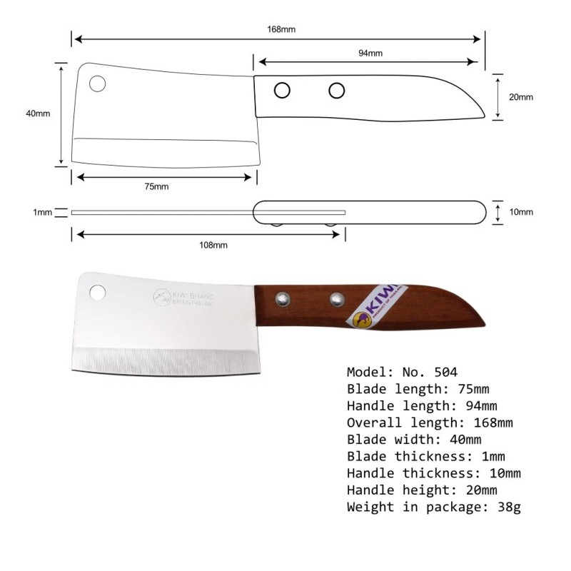 Kiwi KITCHEN UTILITY 3" SMALL CLEAVER KNIFE WOOD HANDLE, Kiwi