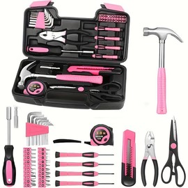39/24pcs Premium Tool Kit - Women's Set with Hammer, Gauge, Screwdriver - Ideal for Home DIY Projects Pink Tool - Color: 39-piece red