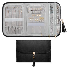 Emibele Travel Jewelry Organizer for Women, Waterproof Portable Leather Jewelry Roll Bag Storage Pouch, Foldable Tangle Free Travel Jewelry Case Holder for Necklace Earrings Bracelet Rings, Black