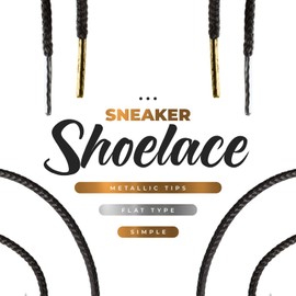 あしなか Metal Tip Ishime Flat Sneaker Shoelaces - Made in Japan, Elegant Design in Gold or Silver Tips for a Stylish Touch (Gold Tip, Black, 8mm 59.1")