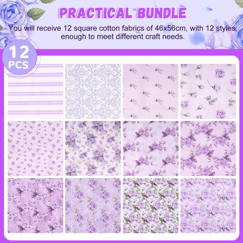 Wadukud 12PCS 56x46cm Polyester Fabric Bundles, Floral Pre-Cut Quilting Cotton