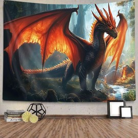 Jipusai Cool Dragon Tapestry, Medieval Fantasy Forest Dragon Tapestry for Bedroom, Hippie Art Men Boys Tapestry Wall Hanging for Living Room College Dorm Decor, 60X40IN