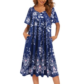 Ekouaer Women's House Dress Pleated Nightgown Short Sleeve Mumu Dress Lounge Dress With Pockets