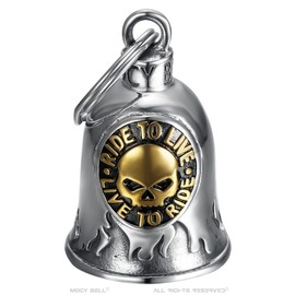 MOCY BELL - Clochette Moto Skull Ride to Live Porte-Bonheur MOCY BELL Acier Stainless Steel Argent Or