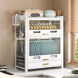 FAQINZYUAN Kitchen Countertop Dish Storage Cabinet with Drawers,4-Layer Dust-Proof Dish Cabinet Storage for Bottles, Dish, Bowls, Console Dining Cupboard (White)