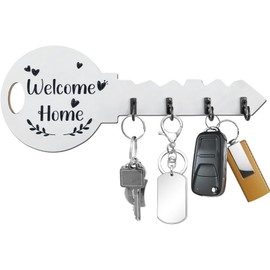 Yoowan Key Holder for Wall,4 Hook Welcome Home Wooden Key Hooks Wall Mounted,White K-ey Racks for Wall,Ke-y Shaped Decoration,K-ey Hanger Organizer for Entryway,Kitchen, Office, Living Room Decor