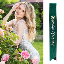 Velscrun Birthday Crown for Girls, Birthday Girl Sash, Birthday Girl Tiara, Green Tiaras for Girls, Birthday Sash for Girls, Birthday Accessories for Girls, Birthday Gifts Decorations for Girls