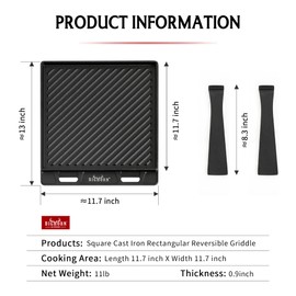 BIG HORN OUTDOORS Cast Iron Griddle Reversible Square Griddle Flat Top Grill Plate with Handle Cast Iron Griddle Pan for Stove Top Gas Grill