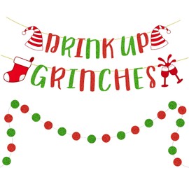 Drink Up Grinches Banner Merry Christmas Banner Xmas Decoration 4m Red and Green Small Hanging Garland Kit Paper Banner For Party Christmas Decoration Festive Celebration Indoor Outdoor Banner