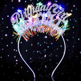 Acenail Light up Birthday Headband Glow Happy Birthday Girl Crown LED Flashing Birthdays Hair Accessories for Women (Silver, Elastic)