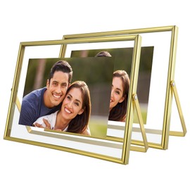 AhaGo Gold Floating Frame, 6"x8", Horizontal, 2 Set, For Picture 5x7, 4x6, 3.5x5, Tabletop Shelf Photo Frames, Classy For Christmas, New Year, Birthday or Wedding