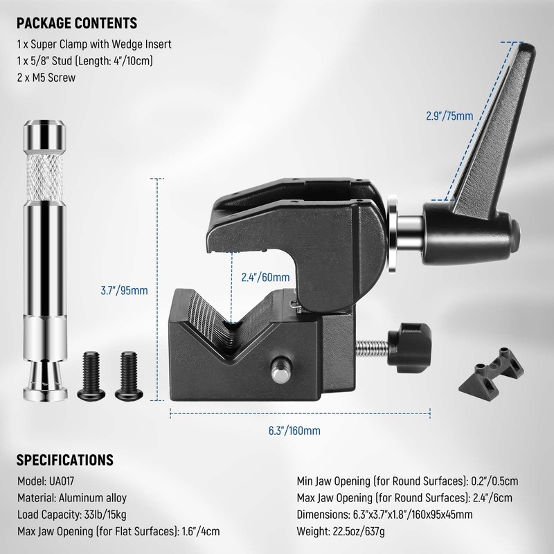 NEEWER Super Clamp with 5/8" Stud, Spring Lock, 2.4"/6cm Jaw