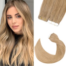 20 Pcs 100% Real Remy Human Hair Extensions Tape in Skin Weft Hair Extension 22" #27 Dark Blonde Straight 30g/Set
