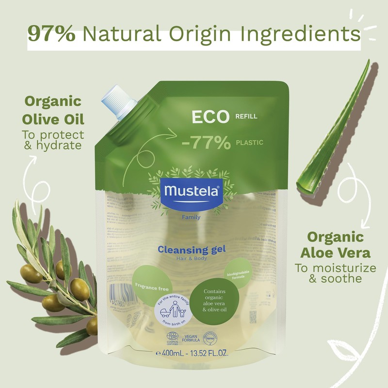 Mustela Bio Orgánico, Gel de Baño Cara-Cuerpo, Refill, 400ml