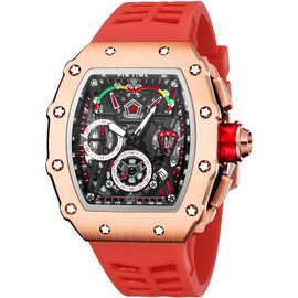 Gosasa Mens Unique Punk Bling Iced Out Dress Watches Tonneau Rectangle Watches for Men Waterproof Analog Chronograph Sports Work Mens Wrist Watch Luminous Silicone Band (Rosegold Red)