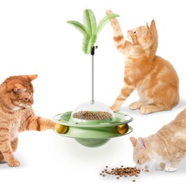 Interactive Cat Toy, 4-in-1 Smart Interactive Kitten Toy, Tumbler Kitten Toys with Spinning Balls and 2 Cat Wand, Attractive Cat Treats Dispenser, for Indoor Cats Exercise & Fun