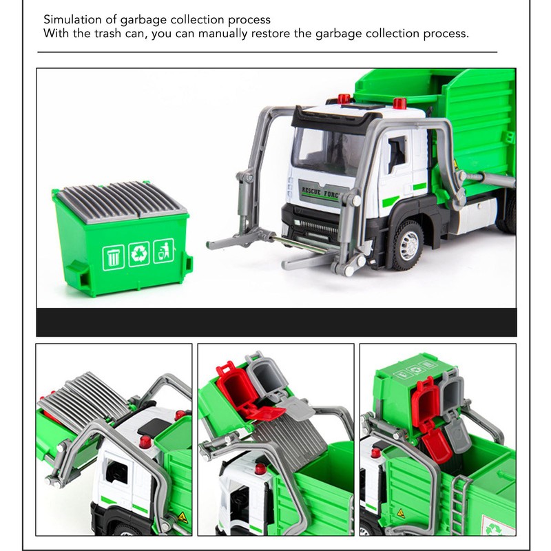 1:32 Garbage Truck Toy with Dumpster 4 Trash Bins Friction
