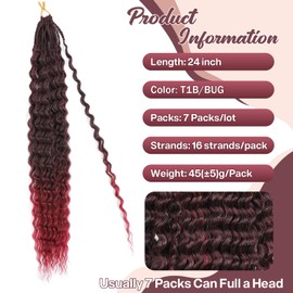 Getgal 24Inch 7Packs Goddess Mermaid Box Braids Curly Crochet Hair Burgundy Pre Looped Deep Wave Crochet Hair for Black Women（TIB/BUG，7Packs）
