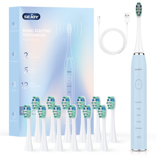 SEJOY Sonic Electric Toothbrush Rechargeable Power 12 Brush Heads 5